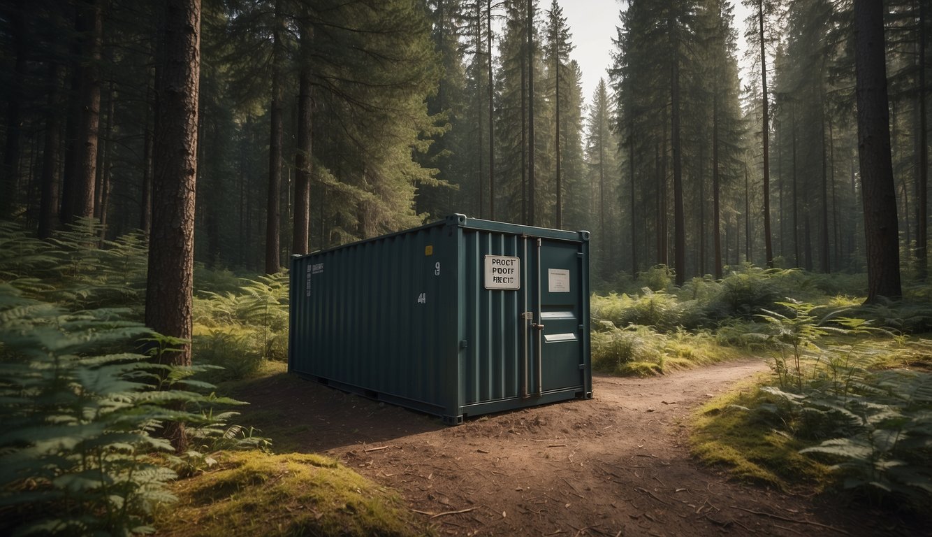 A bear-proof storage container sits in a clearing, surrounded by dense forest. The container is securely closed, with a sign nearby advising on safe food storage in bear country