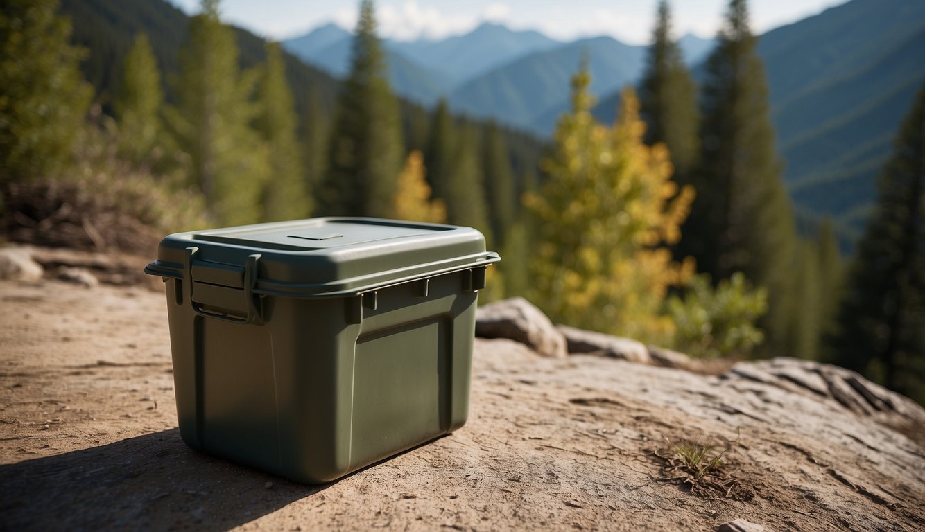 A sturdy bear-proof food storage container is placed on the ground, surrounded by a natural setting with trees and mountains in the background