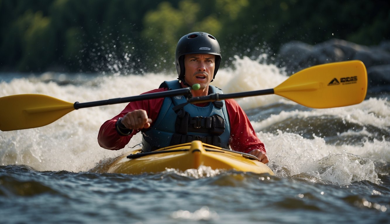 A beginner kayaker navigates through a slalom course, maneuvering around gates and through whitewater rapids