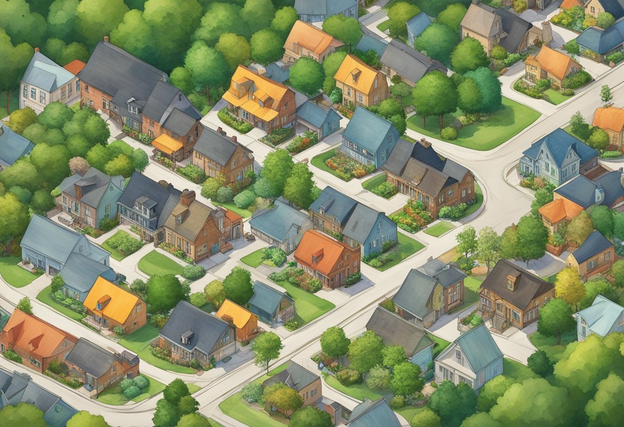 An aerial view of Bowersville, OH, with its quaint streets, charming houses, and lush greenery