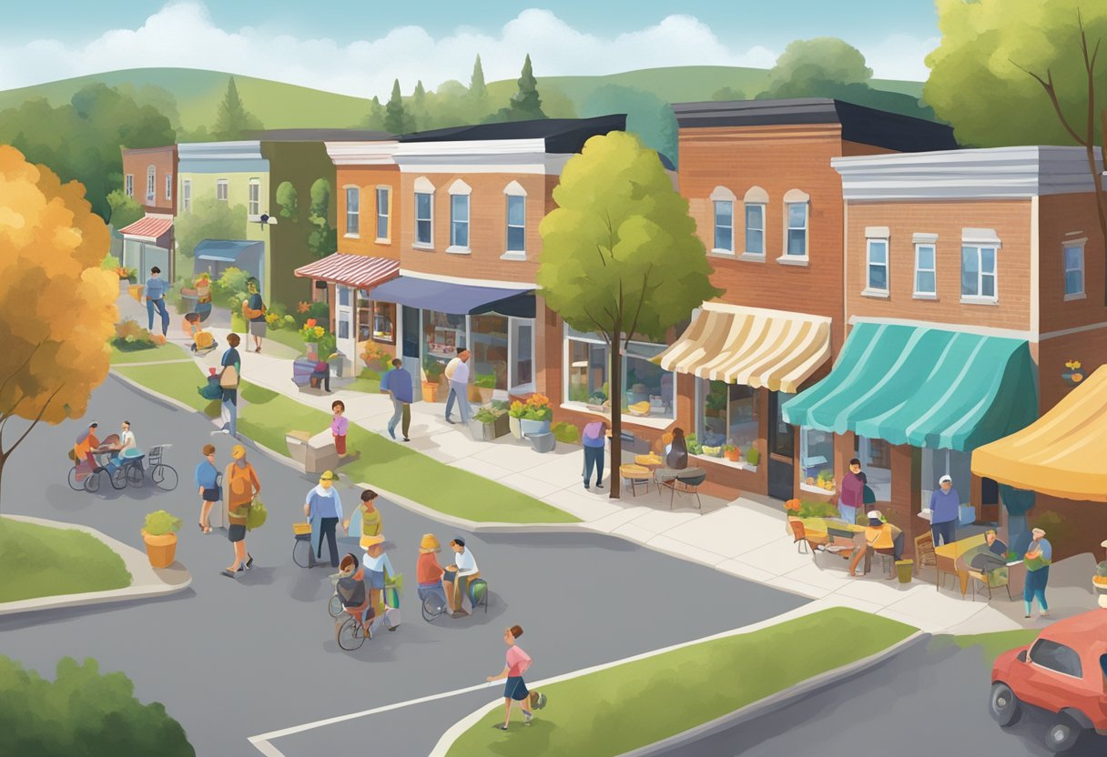 A small town scene with diverse age groups, families, and individuals in Flat Rock, OH. Buildings, parks, and community spaces reflect the demographic profile