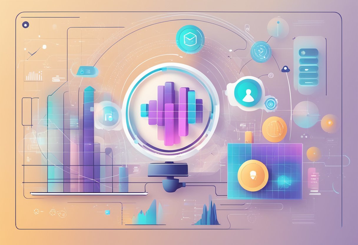 A futuristic interface displaying Conversational AI strategies for customer engagement. Graphs and data visualizations show future trends and challenges