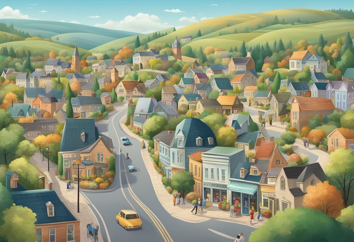 A small town surrounded by rolling hills, with quaint houses and a main street lined with local shops and cafes. The population is diverse, with a mix of ages and backgrounds