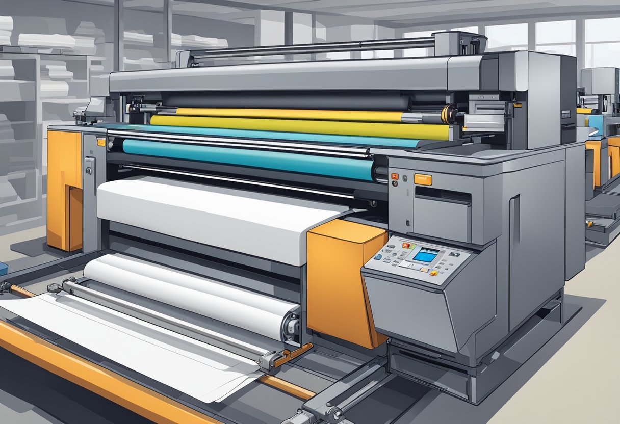 Commercial printing machines hum as they produce colorful prints on large sheets of paper, with ink cartridges and paper rolls neatly stacked nearby
