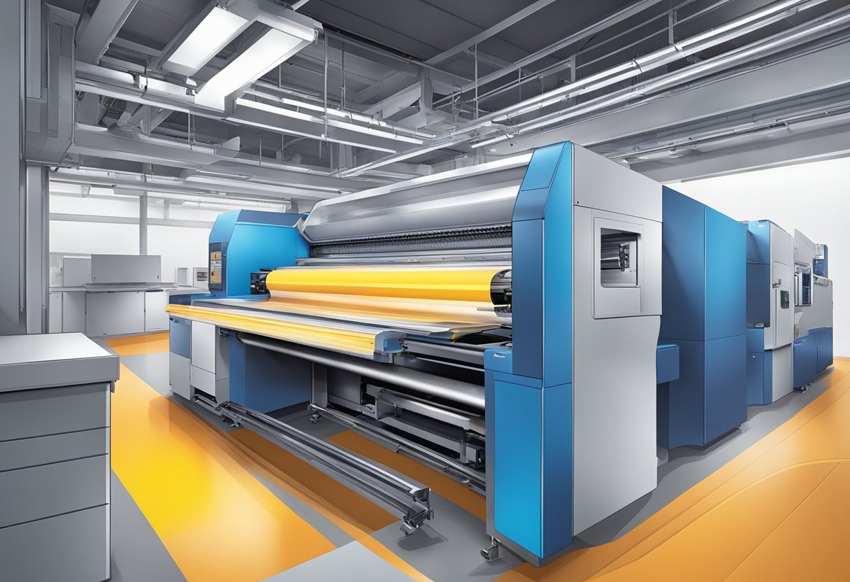 Vibrant print materials move through advanced commercial printing machines, showcasing cutting-edge production technology