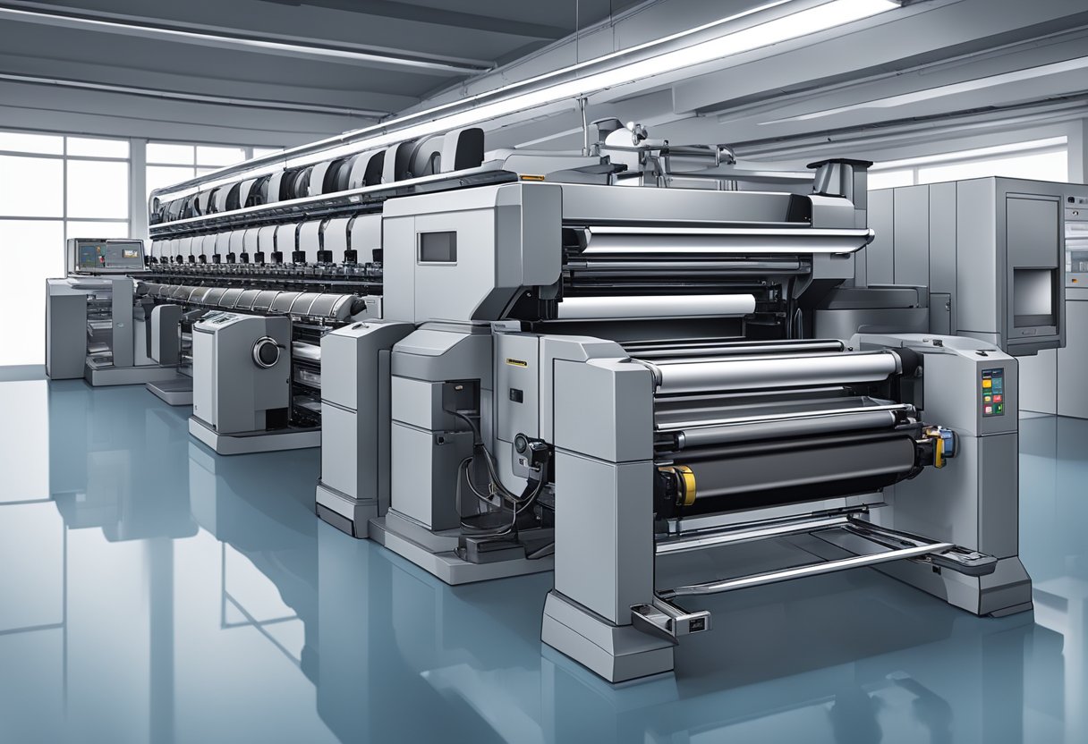 A high-tech commercial printing press in operation, producing sharp, vibrant images with precise color control and superior quality