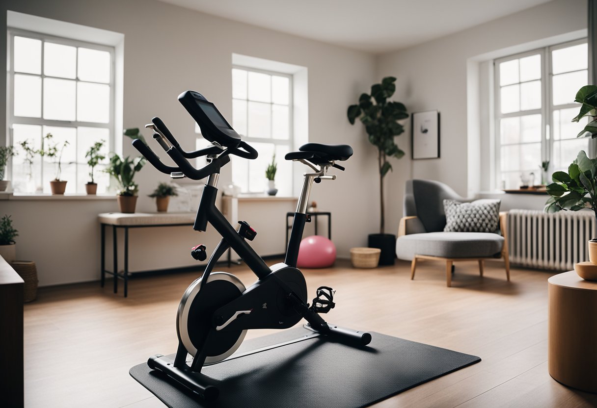 A small apartment with a corner dedicated to fitness equipment. A compact spin bike is neatly tucked away, surrounded by minimalistic decor and natural light