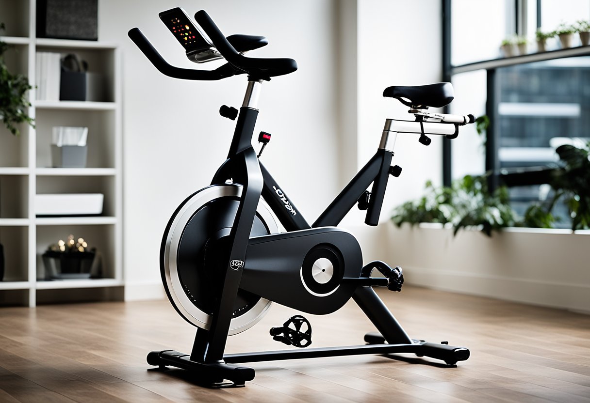 A compact spin bike nestled in a small, tidy room with minimalistic decor. The bike is sleek and space-saving, fitting seamlessly into the modern environment