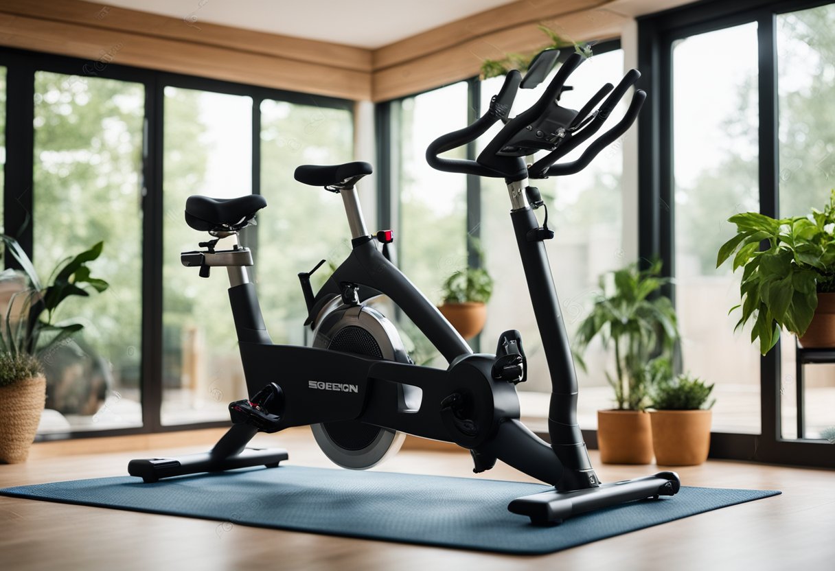 A home gym with a spin bike in the center, surrounded by plants and natural light. A water bottle and towel sit nearby, creating a cozy and inviting atmosphere