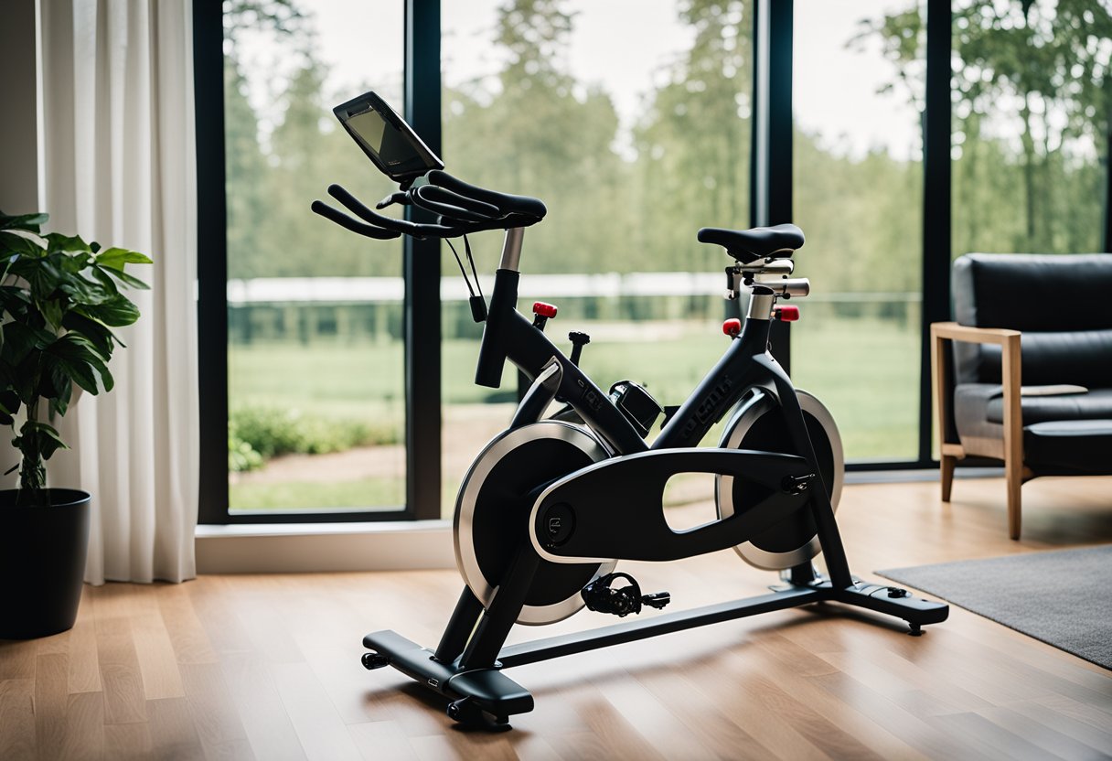A home spin bike surrounded by a cozy living room, with a large window showing a scenic outdoor view. An open magazine displaying various affordable spin bike options