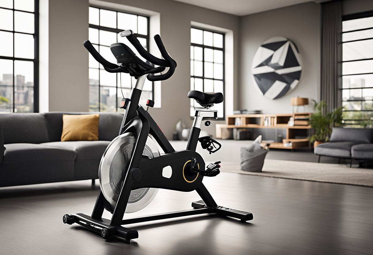 A home spin bike with adjustable resistance and a comfortable seat. Compact size for easy storage. Clear display for tracking progress. Sturdy construction for stability