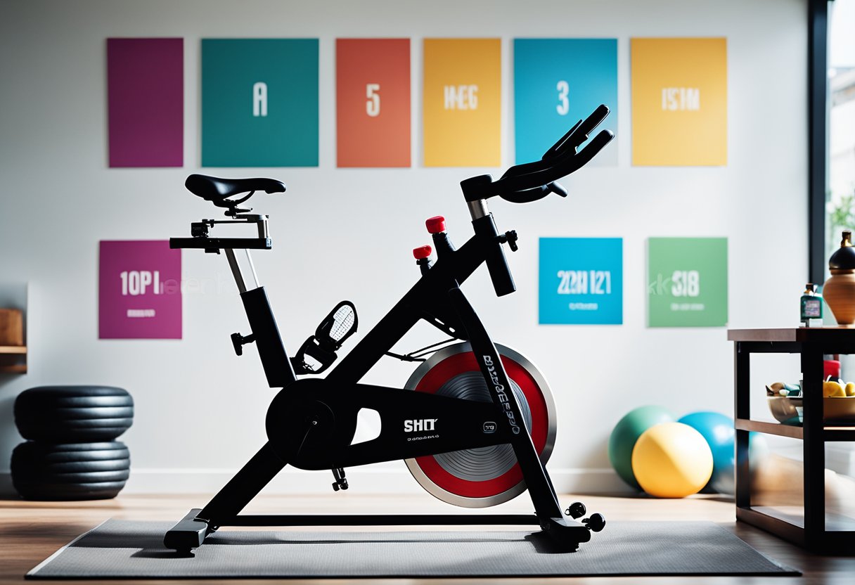 A bright, modern home gym with a sleek spin bike front and center, surrounded by motivational posters and a stack of colorful weights