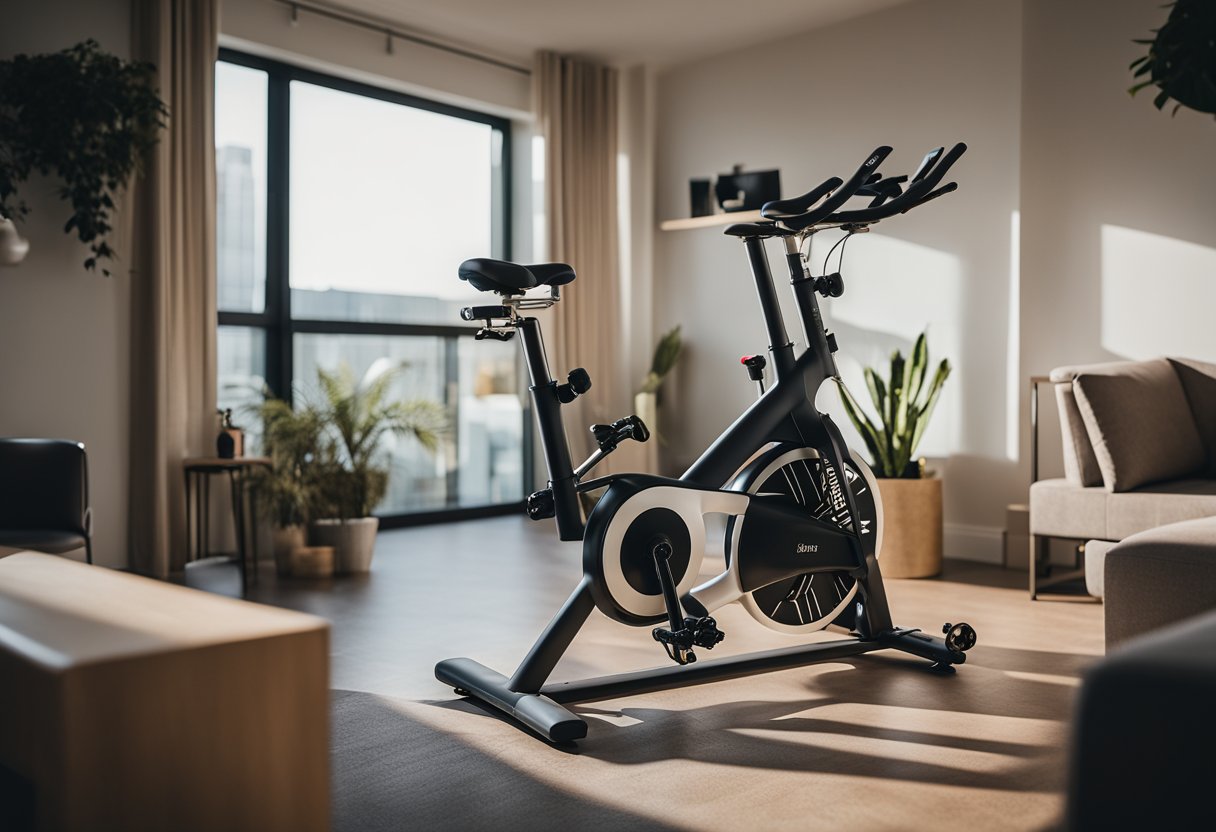 A compact spin bike nestled in a small corner, surrounded by minimalistic decor and storage solutions