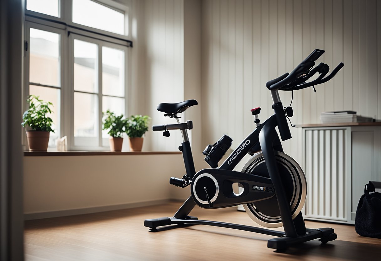A small, tidy room with a compact spin bike in the corner. The bike is neatly positioned near a window, with a towel and water bottle nearby