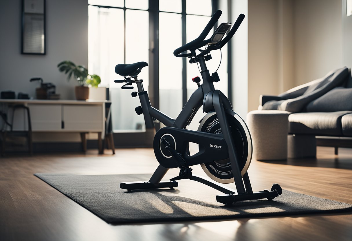 A compact spin bike sits in a small, tidy room with minimal clutter. A person's water bottle and towel are nearby, ready for a workout