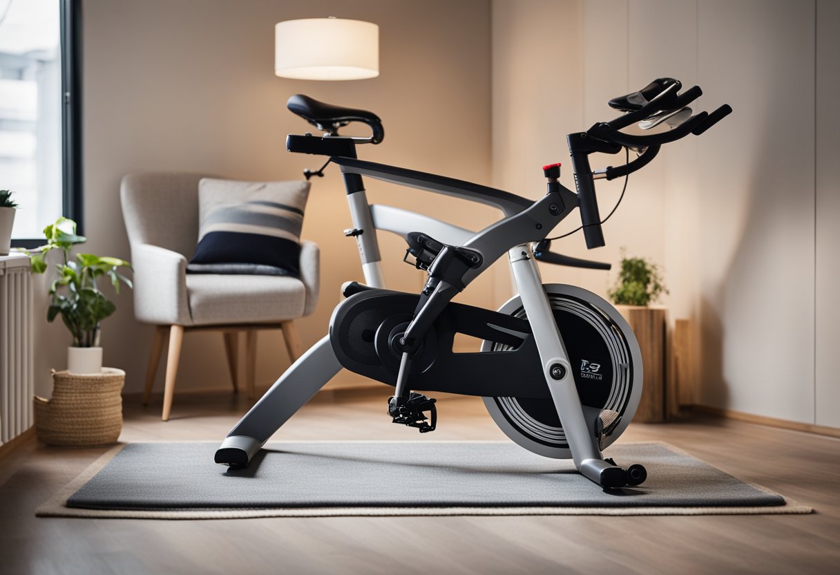 A small apartment with a corner dedicated to a compact spin bike. The bike is folded and stored neatly against the wall, with minimal space taken up
