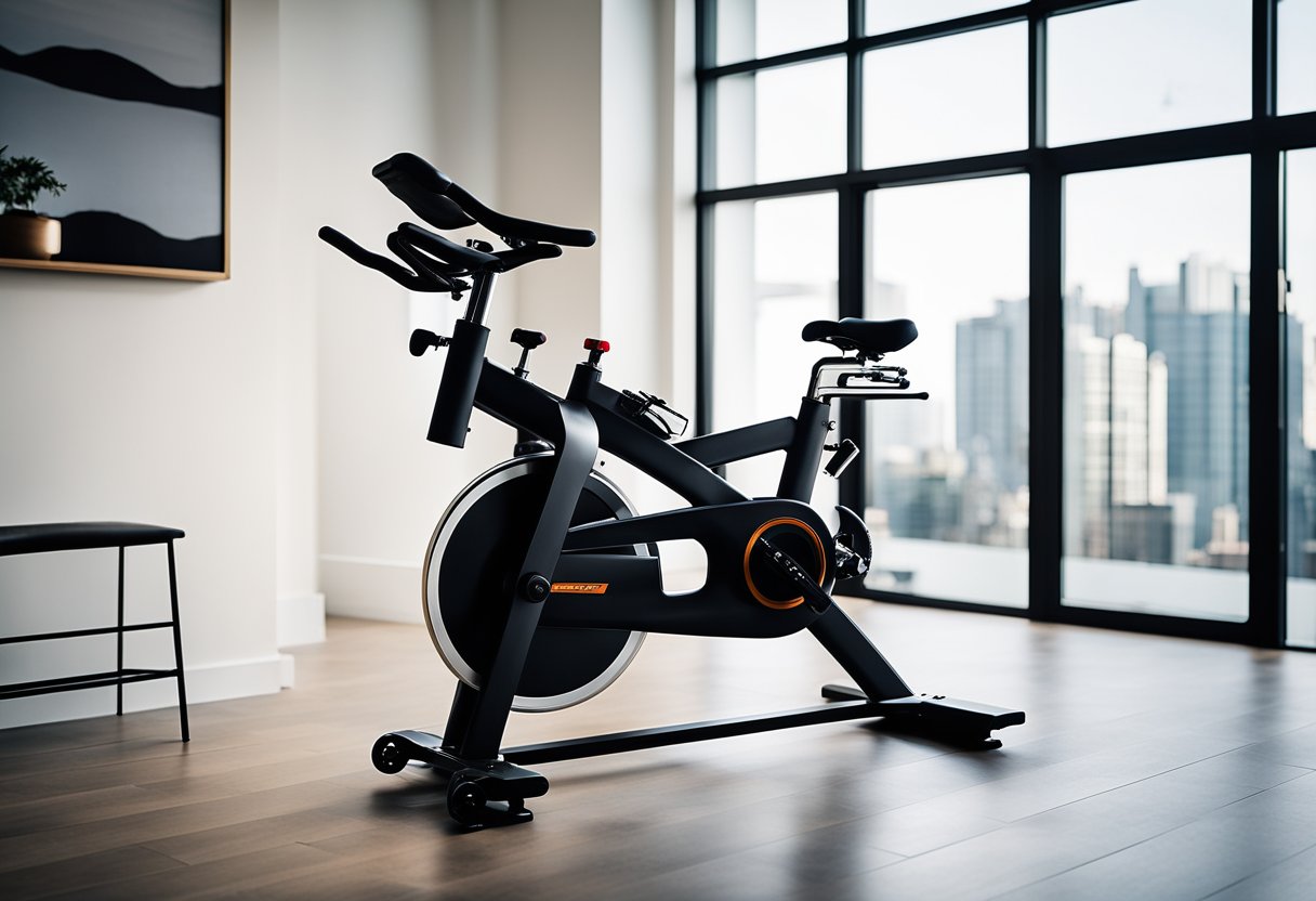 A sleek, modern spin bike with a compact frame and adjustable features sits in a minimalist room with large windows, showcasing its space-saving design