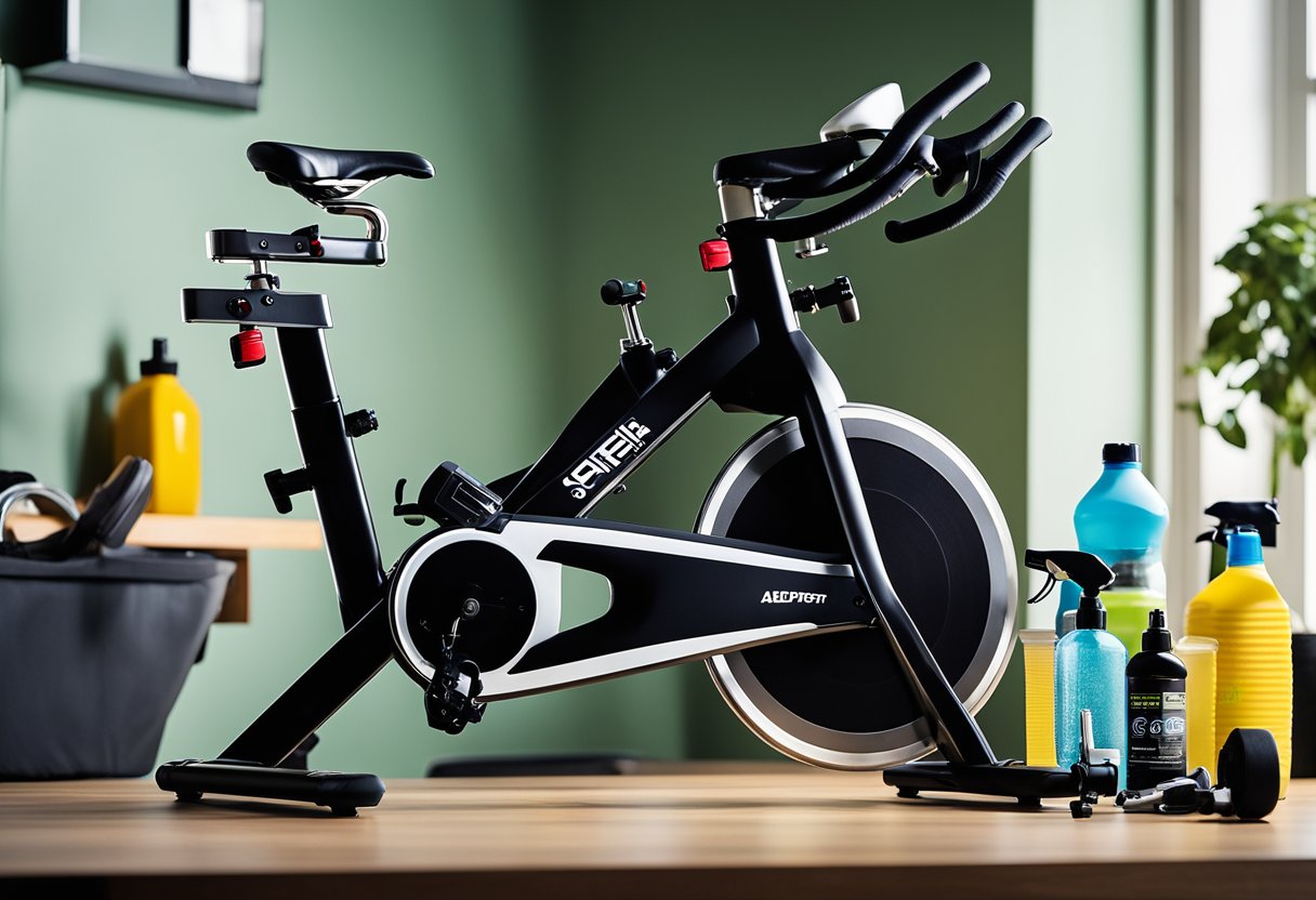 A well-maintained, affordable home spin bike surrounded by tools, lubricants, and cleaning supplies