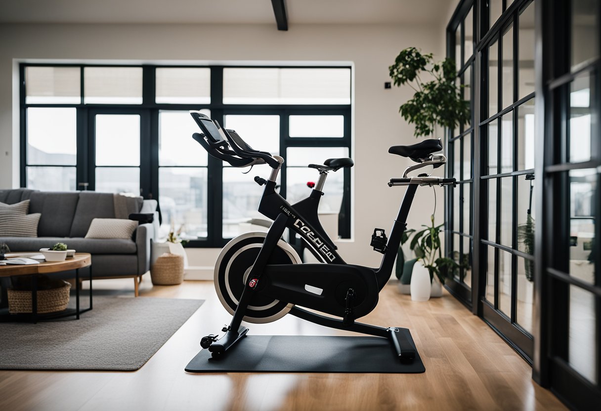 A home spin bike surrounded by positive reviews and ratings, displayed on a screen or printed out