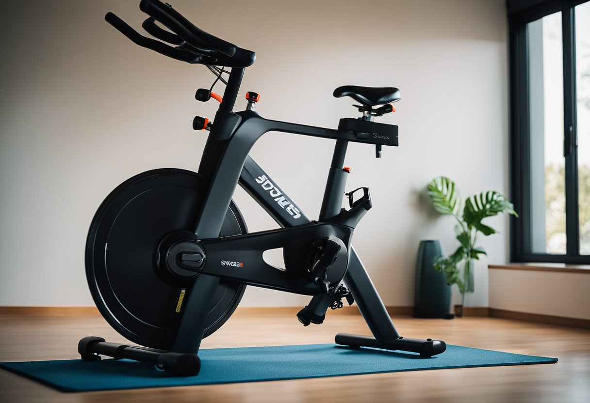 A home spin bike in a well-lit room with a clear path around it. A water bottle and towel nearby. A safety checklist posted on the wall