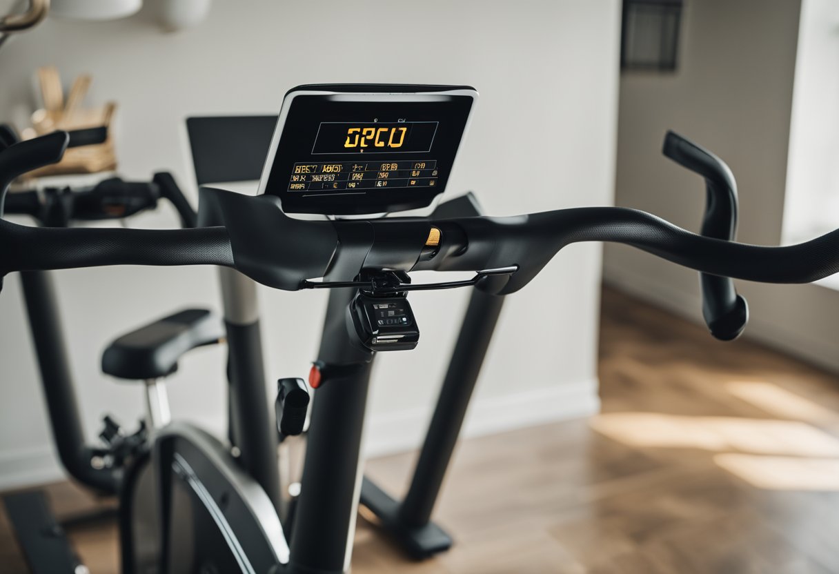 A home spin bike surrounded by various FAQ signs and a price tag