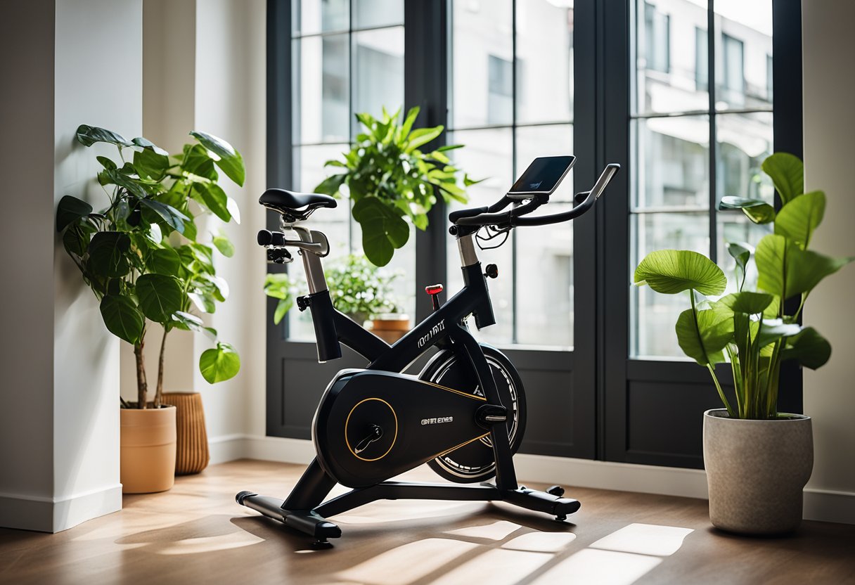 A compact spin bike sits in a small apartment, surrounded by potted plants and eco-friendly decor. The bike is positioned near a window, with natural light streaming in, highlighting its space-saving design