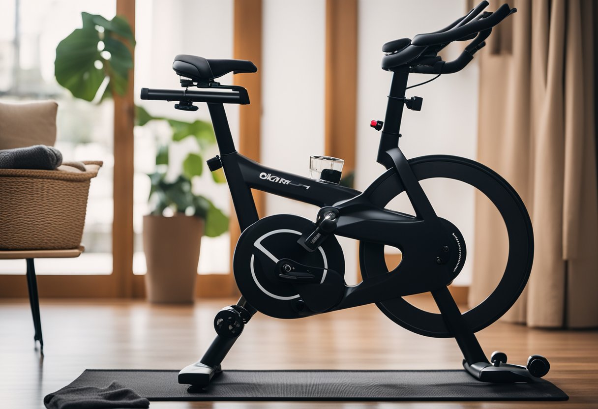 A small, efficient spin bike tucked into a corner of a cozy room, with a stack of neatly folded towels and a water bottle nearby