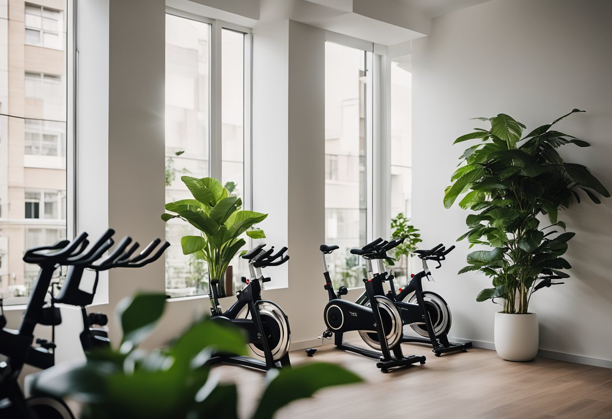 A modern apartment with a minimalist design. A corner with a row of sleek, quiet spin bikes. Soft lighting and plants add to the serene atmosphere
