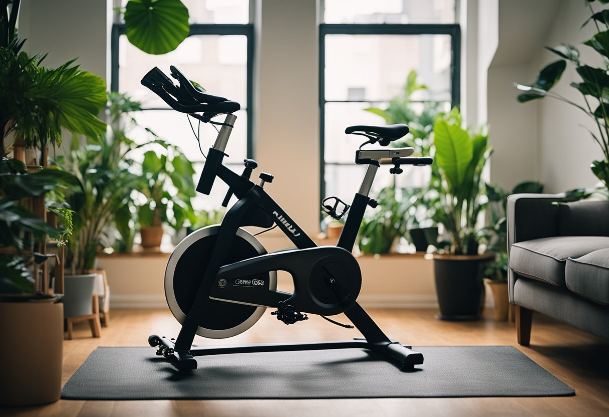 A quiet spin bike sits in a cozy apartment corner, surrounded by plants and soft lighting. Its smooth, noiseless operation offers a peaceful workout experience