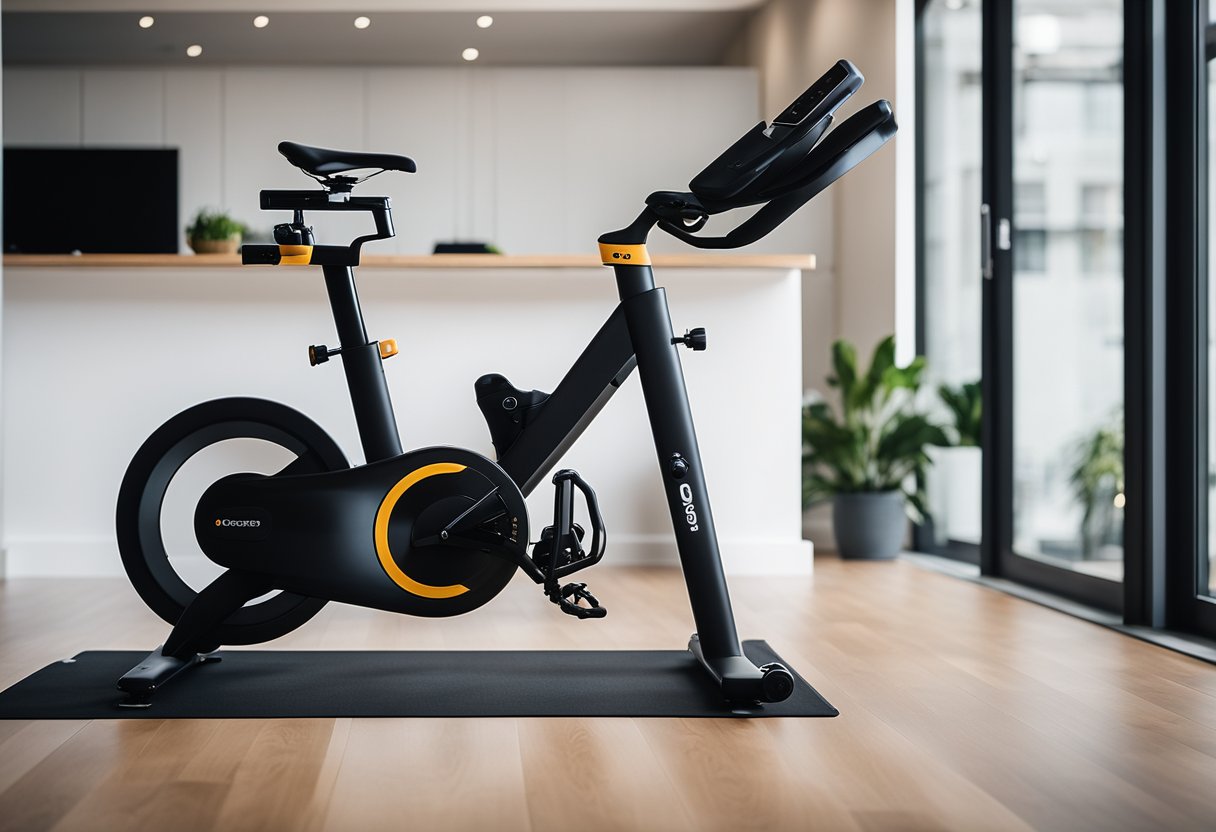 A sleek, modern spin bike in a minimalist apartment setting. Soundproofing materials on the walls and floor to reduce noise