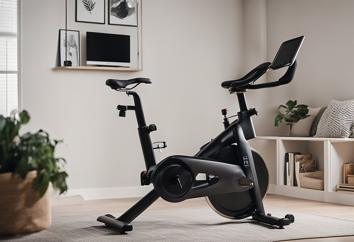 A modern, sleek spin bike sits in a cozy apartment corner, surrounded by soft lighting and minimalist decor. Its quiet operation allows for peaceful workouts without disturbing neighbors