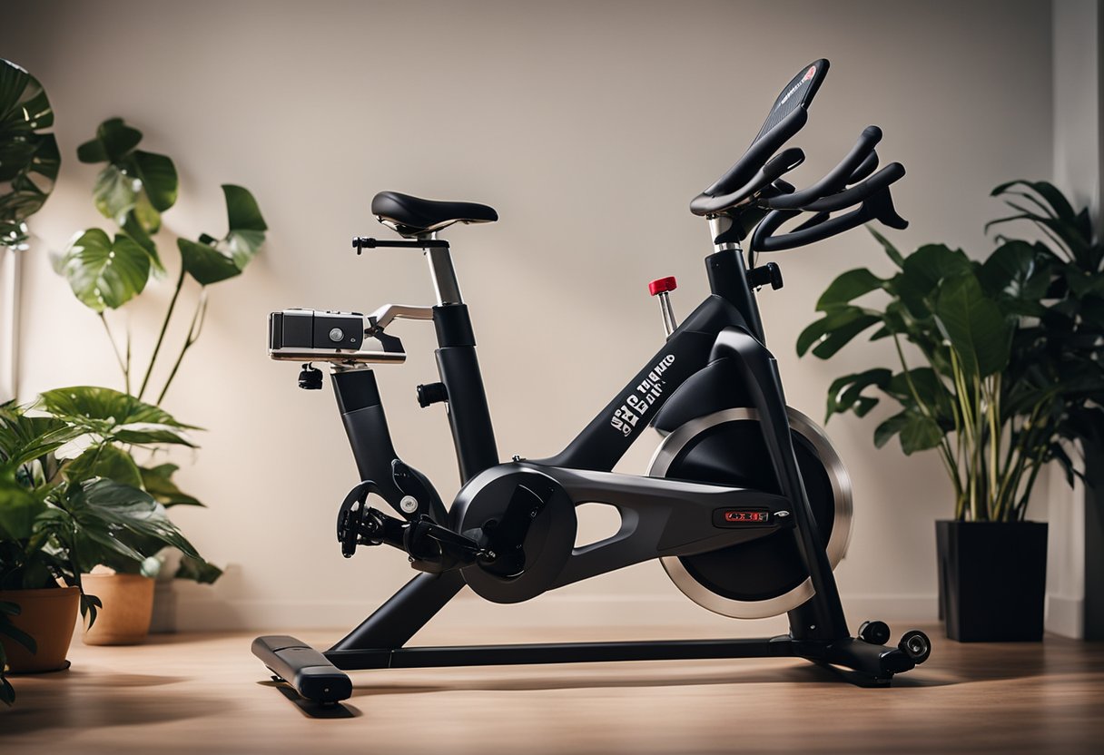 A quiet spin bike sits in a cozy apartment corner, surrounded by plants and soft lighting. A maintenance kit and instructions are nearby