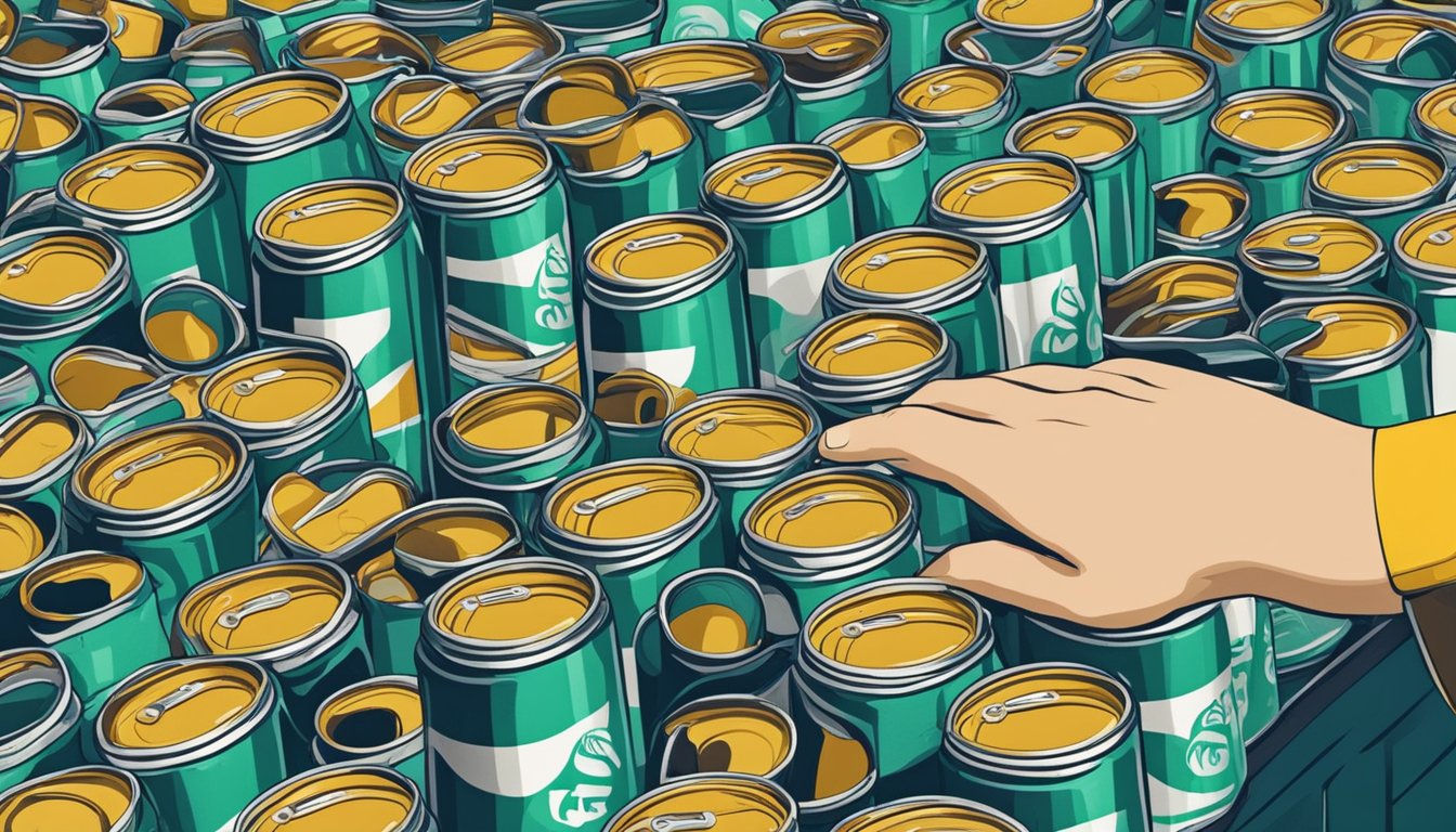 A hand reaches for a stack of cheap beer cans in a Singaporean convenience store