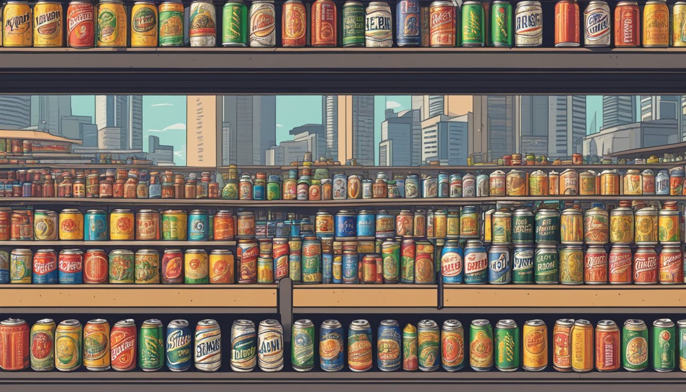 A crowded market stall displays rows of discounted beer cans in Singapore. Bright signage advertises "Bargain Brews" against a backdrop of bustling activity