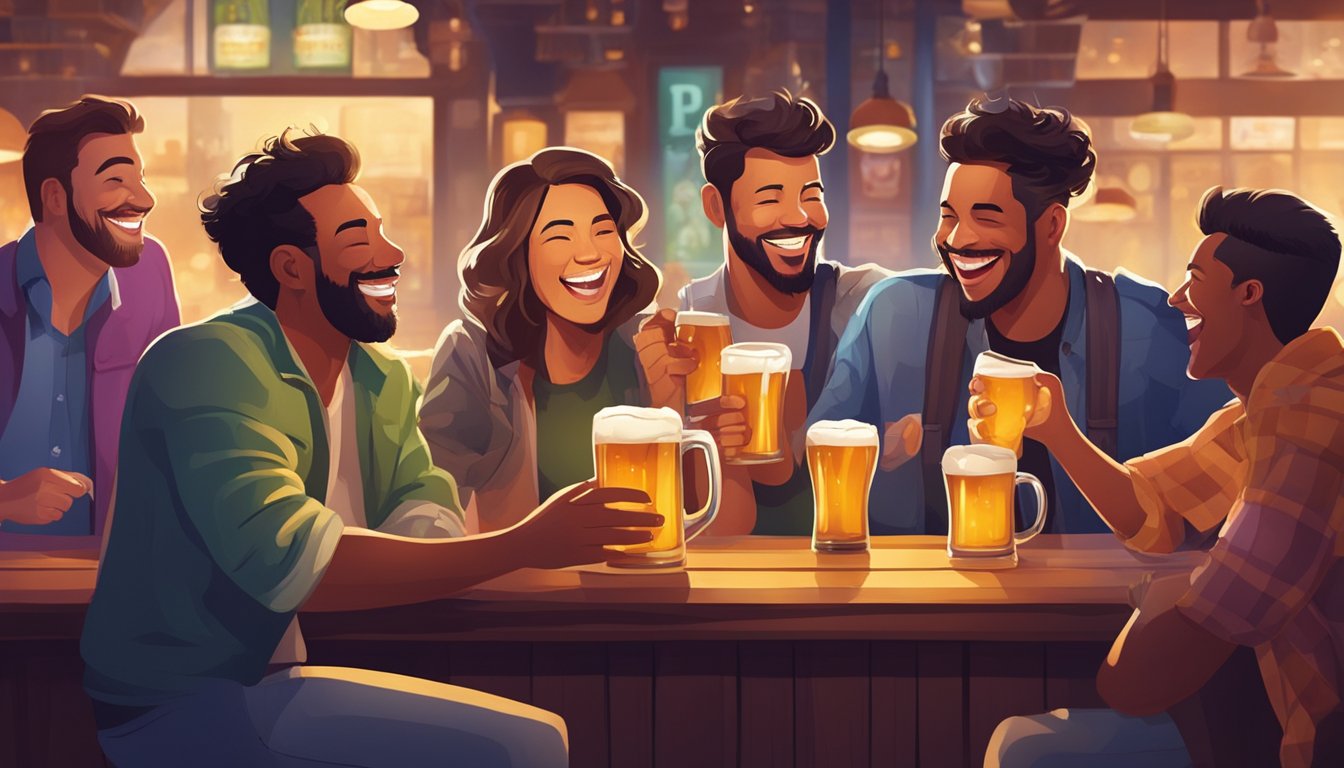 A person holding a cold beer mug, surrounded by friends, smiling and laughing, in a lively and vibrant bar setting