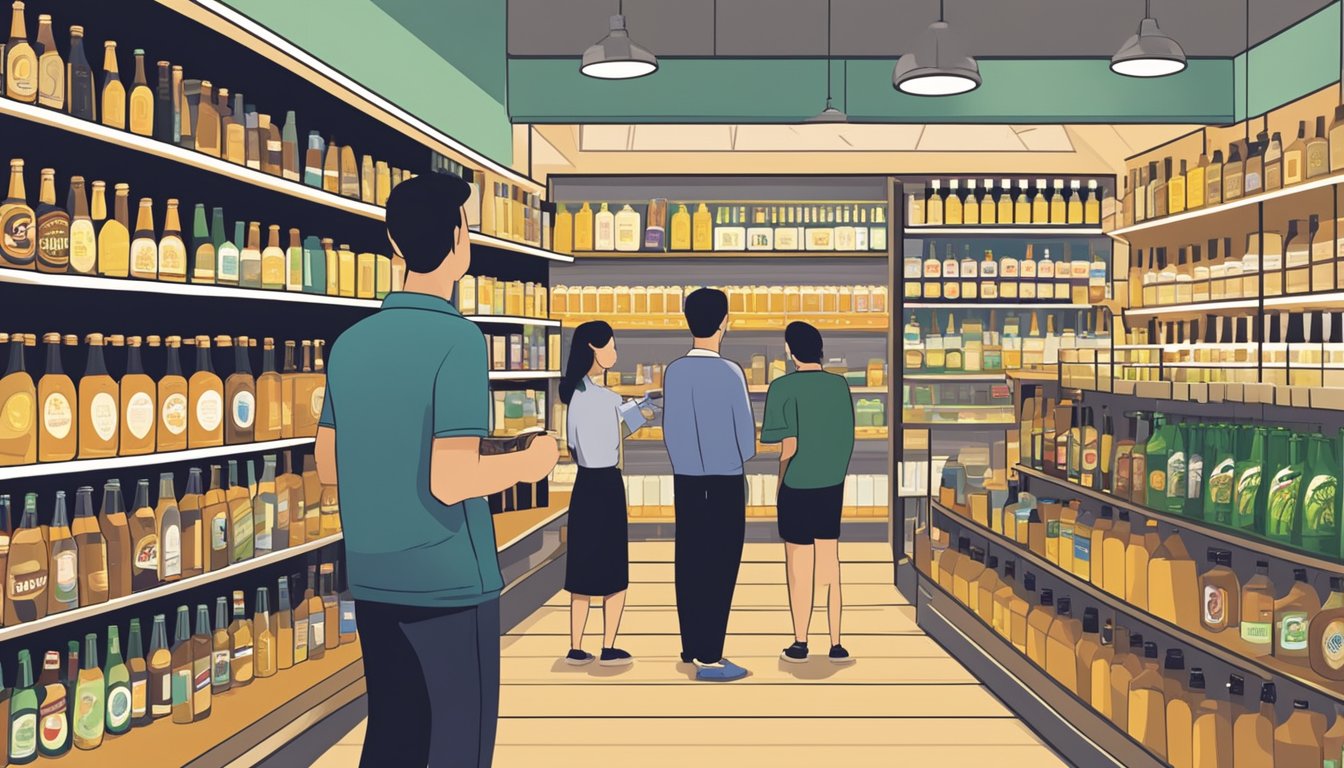 Customers browsing beer shelves with "Frequently Asked Questions" signage in a Singaporean liquor store