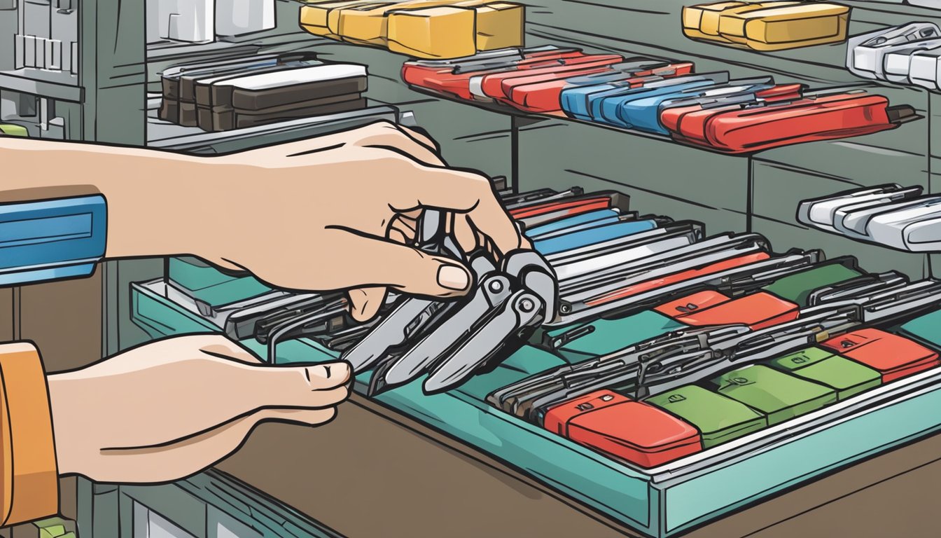 A hand reaches out to pick up a Swiss Army knife from a display in a Singaporean store