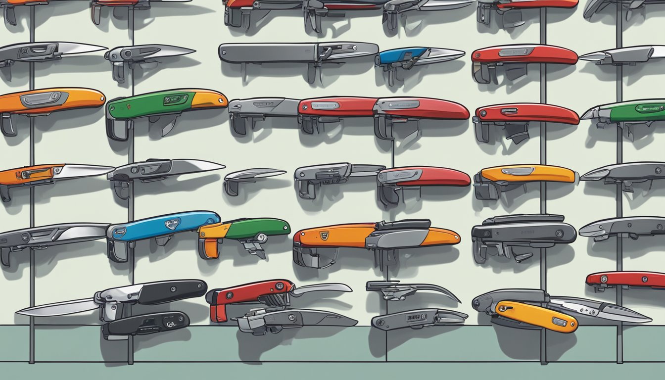 A hand reaches out to select a Swiss Army Knife from a display in a Singapore store. Various models are neatly arranged on a well-lit shelf