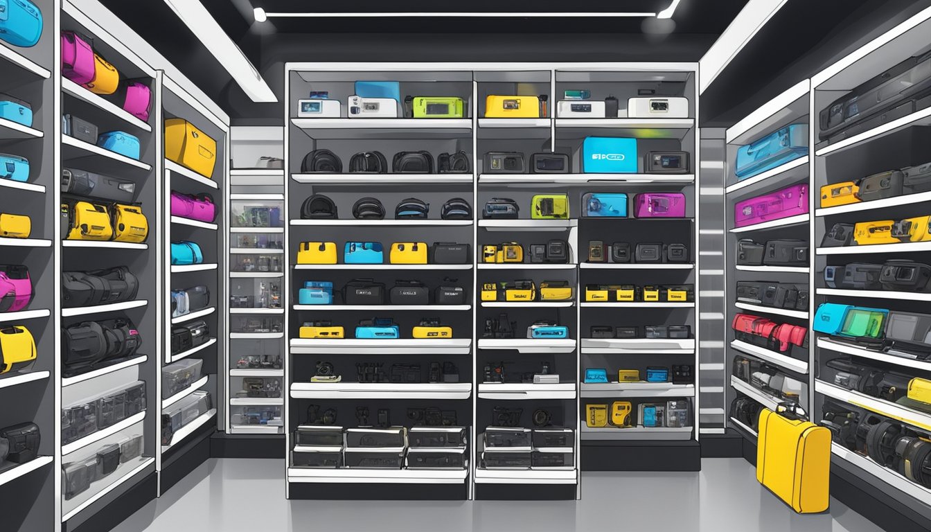A display of GoPro accessories arranged on shelves in a brightly lit store in Singapore. Shelves are neatly organized with various mounts, cases, and attachments for sale