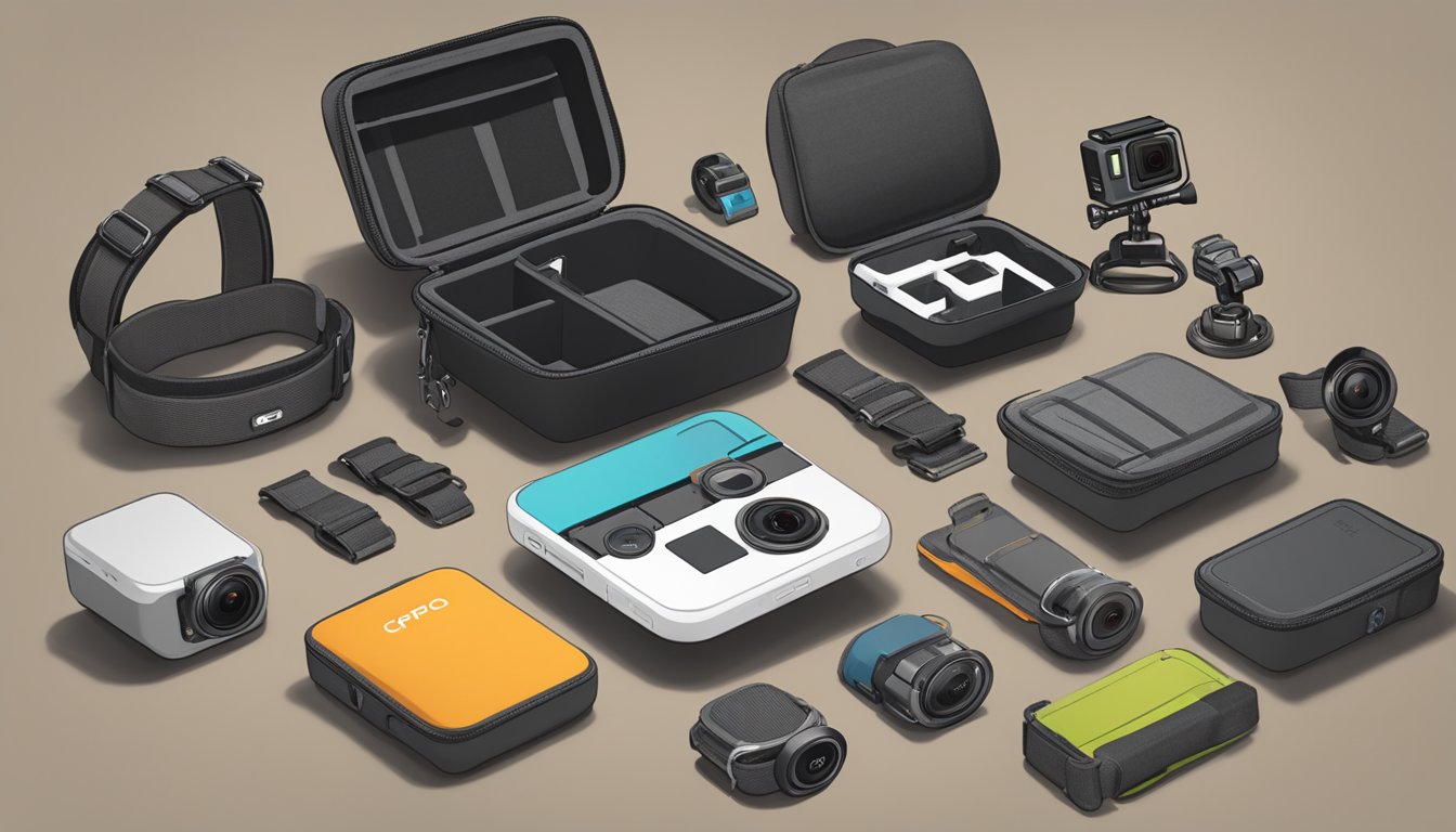 A table with various GoPro accessories laid out, including mounts, straps, and cases. A GoPro camera sits nearby