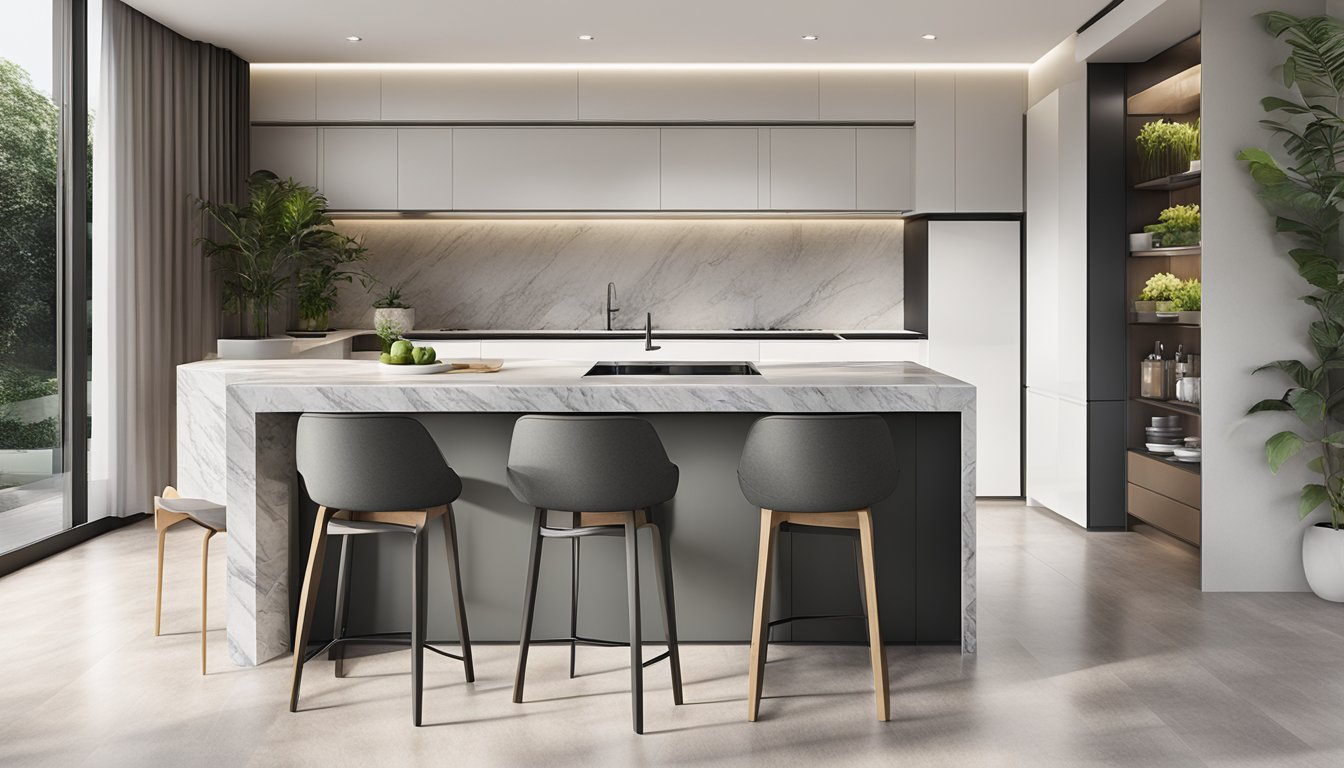A modern kitchen island in a sleek Singaporean home, with marble countertops and minimalist design