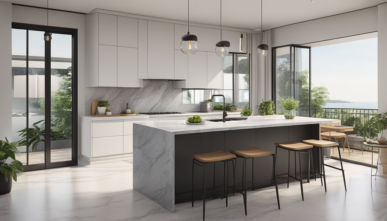 A modern kitchen island with sleek lines and a marble countertop is being carefully selected by a homeowner in Singapore. The island is surrounded by stylish kitchen appliances and minimalist decor, creating a chic and functional space