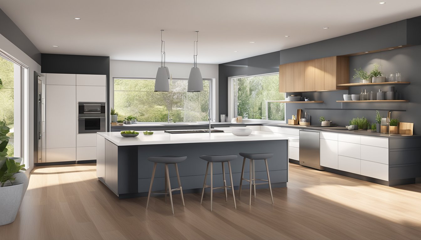 A modern kitchen with a sleek, functional kitchen island as the focal point. Bright, natural light floods the space, highlighting the clean lines and contemporary design
