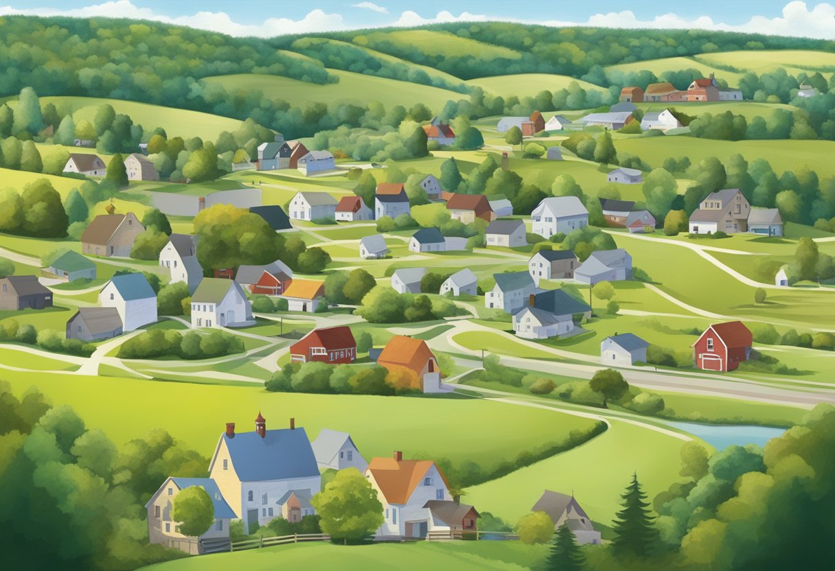 The small village of West Rushville nestled in a scenic Ohio landscape, surrounded by rolling hills and dotted with quaint homes and farms