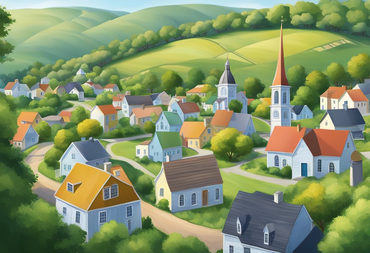 A small town nestled in rolling hills, with quaint houses and a central square. A church steeple rises above the tree line
