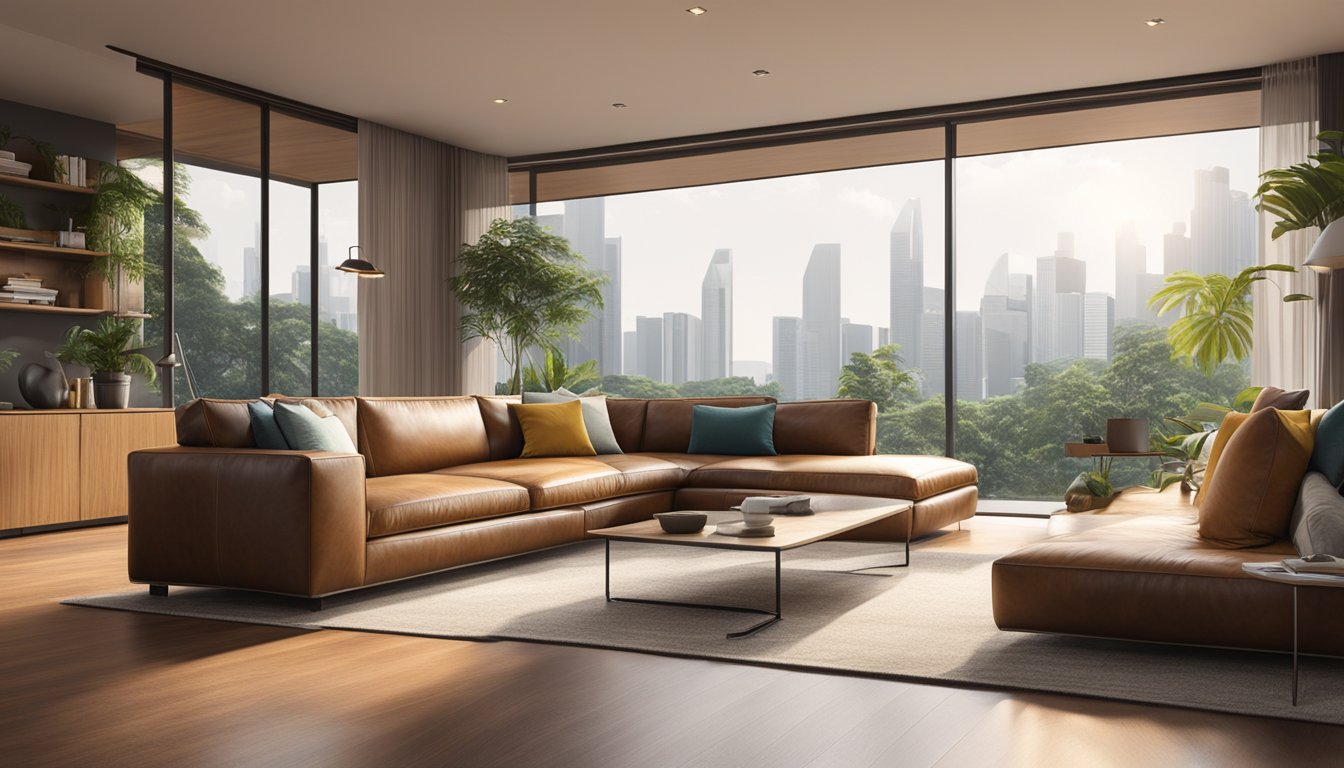 A leather sofa sits in a spacious living room in Singapore, bathed in warm natural light from large windows