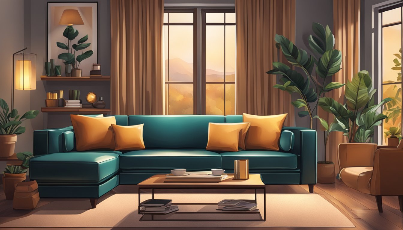 A cozy living room with a sleek leather sofa as the focal point, surrounded by warm lighting and stylish decor
