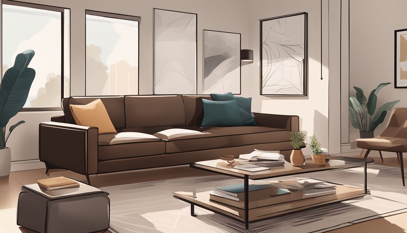 A cozy living room with a sleek leather sofa, a stylish coffee table, and a stack of magazines. The room is well-lit and inviting, with a modern and minimalist aesthetic