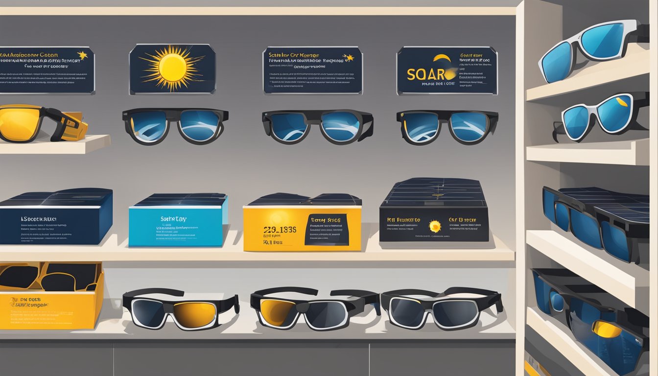 A display of solar eclipse glasses at a store in Singapore, with safety and viewing tips signage