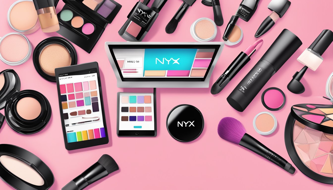 A computer screen displaying the NYX Cosmetics website with various makeup products and a "buy now" button